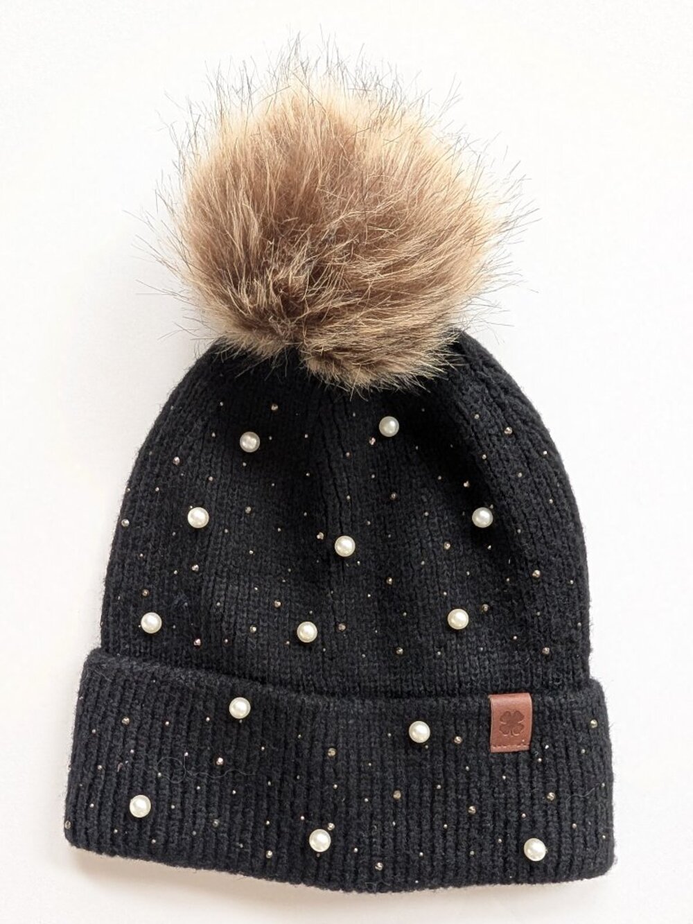 Lucky Brand Womens Embellished Faux Pearl & Fur Pom Pom Beanie One Size Black